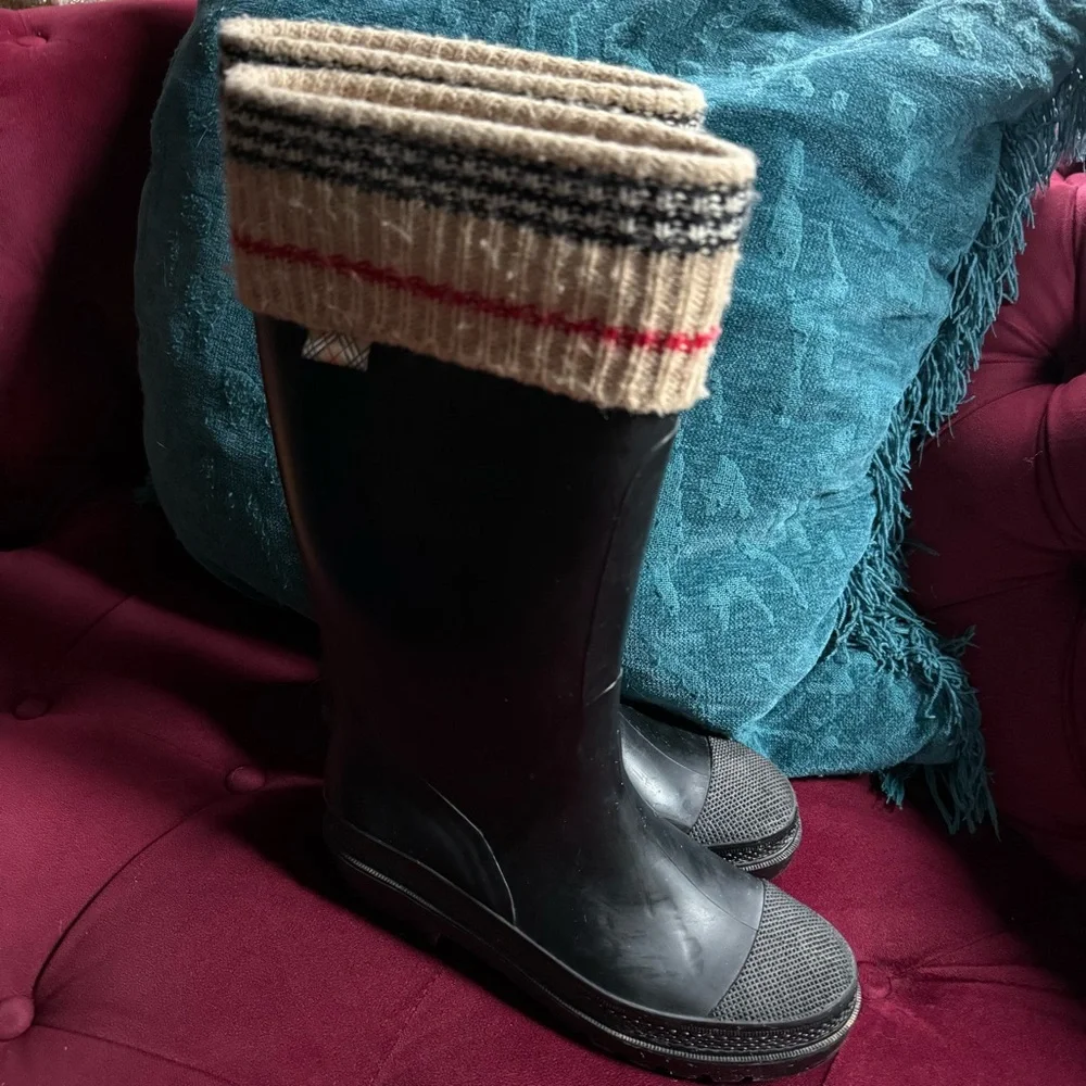 Burberry - Check Knit Cuff Winter Rain Boots - Women’s 7.5 38